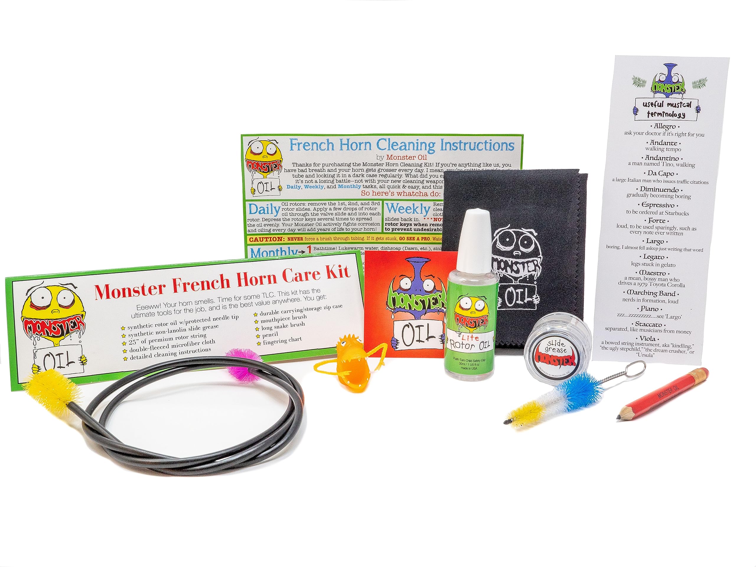 Monster French Horn Care and Cleaning Kit | Rotor Valve Oil w/Easy-to-Use Needle Applicator Tip, Slide Grease, and Cleaning Brushes to Take Care of Your French Horn