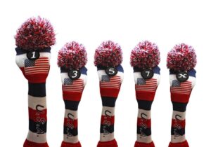 usa majek golf driver 1 3 5 7 x fairway woods headcovers pom pom knit limited edition vintage classic traditional flag stars red white blue stripes retro head cover fits 460cc drivers and 260cc woods