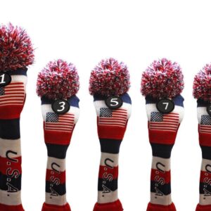 USA Majek Golf Driver 1 3 5 7 X Fairway Woods Headcovers Pom Pom Knit Limited Edition Vintage Classic Traditional Flag Stars Red White Blue Stripes Retro Head Cover Fits 460cc Drivers and 260cc Woods