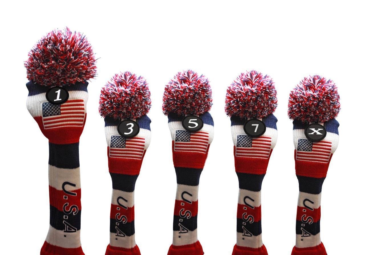 USA Majek Golf Driver 1 3 5 7 X Fairway Woods Headcovers Pom Pom Knit Limited Edition Vintage Classic Traditional Flag Stars Red White Blue Stripes Retro Head Cover Fits 460cc Drivers and 260cc Woods