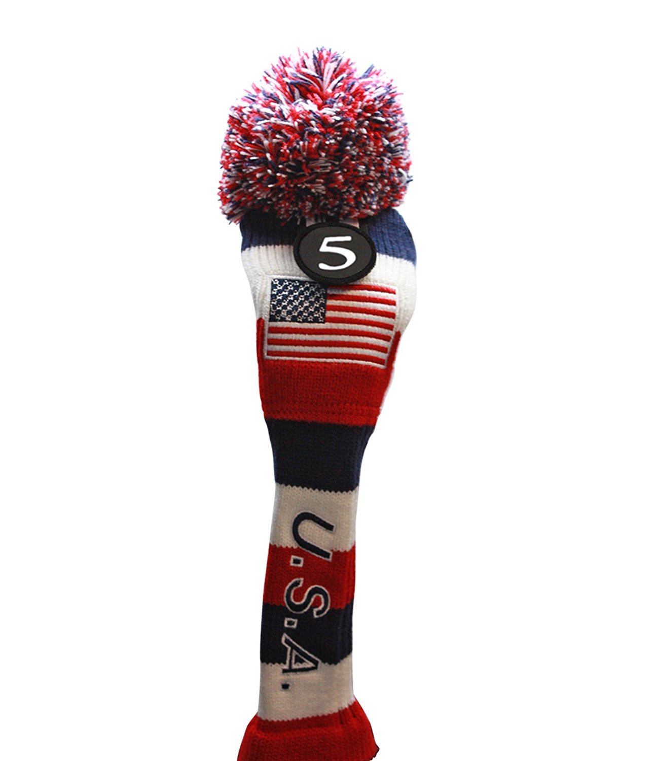 USA Majek Golf Driver 1 3 5 7 X Fairway Woods Headcovers Pom Pom Knit Limited Edition Vintage Classic Traditional Flag Stars Red White Blue Stripes Retro Head Cover Fits 460cc Drivers and 260cc Woods