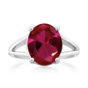 Gem Stone King 925 Sterling Silver Red Created Ruby Ring For Women (5.00 Cttw, Gemstone July Birthstone, Oval 12X10MM, Available In Size 5,6,7,8,9)