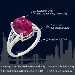 Gem Stone King 925 Sterling Silver Red Created Ruby Ring For Women (5.00 Cttw, Gemstone July Birthstone, Oval 12X10MM, Available In Size 5,6,7,8,9)