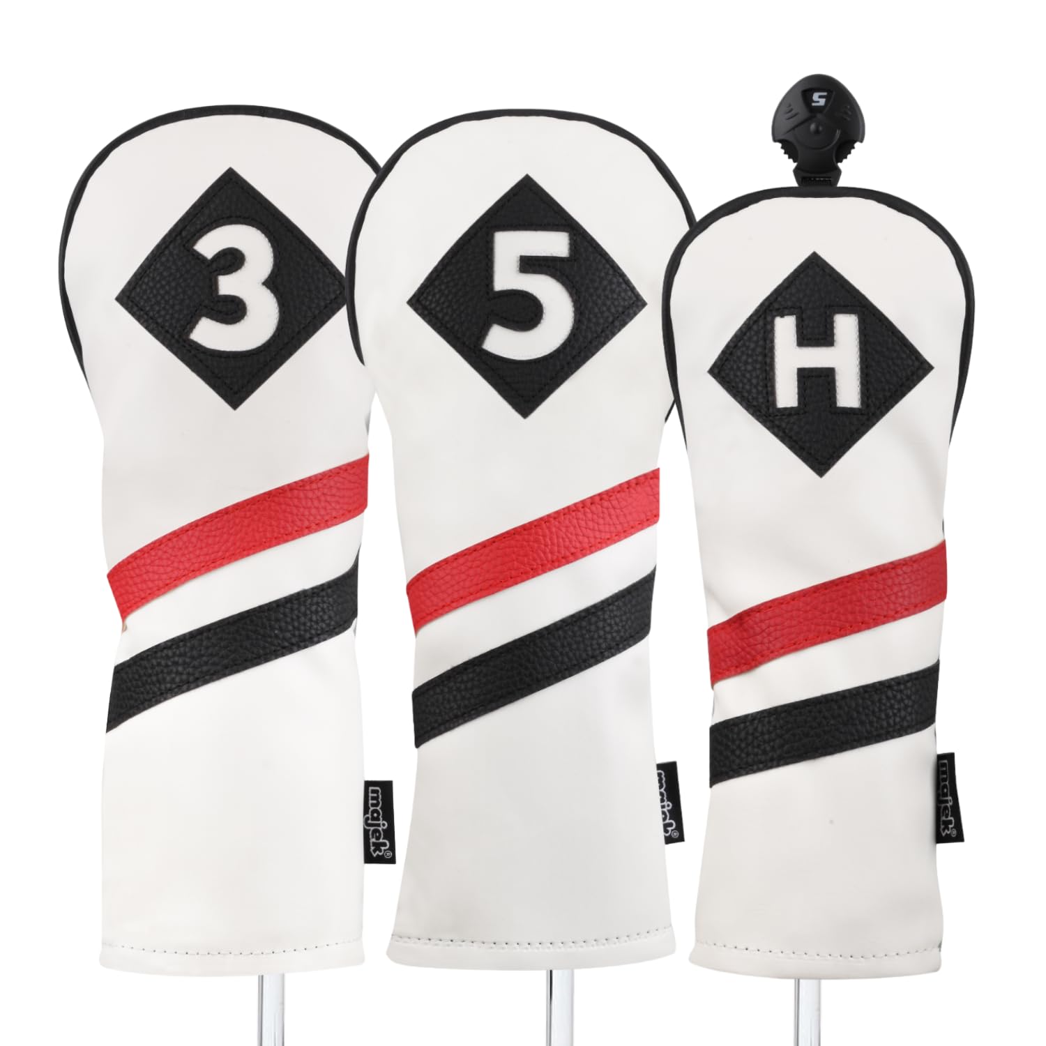 Majek Retro Golf Headcovers White Red and Black Vintage Leather Style 3 5 H Fairway Wood and Hybrid Head Cover Classic Look