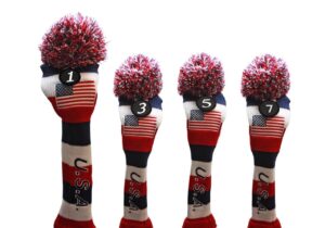 usa majek golf driver 1 3 5 7 fairway woods headcovers pom pom knit limited edition vintage classic traditional flag stars red white blue stripes retro head cover fits 460cc drivers and 260cc woods