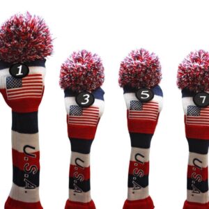 USA Majek Golf Driver 1 3 5 7 Fairway Woods Headcovers Pom Pom Knit Limited Edition Vintage Classic Traditional Flag Stars Red White Blue Stripes Retro Head Cover Fits 460cc Drivers and 260cc Woods