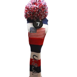 USA Majek Golf Driver 1 3 5 7 Fairway Woods Headcovers Pom Pom Knit Limited Edition Vintage Classic Traditional Flag Stars Red White Blue Stripes Retro Head Cover Fits 460cc Drivers and 260cc Woods