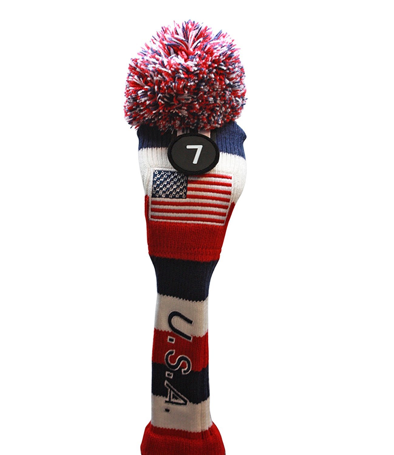 USA Majek Golf Driver 1 3 5 7 Fairway Woods Headcovers Pom Pom Knit Limited Edition Vintage Classic Traditional Flag Stars Red White Blue Stripes Retro Head Cover Fits 460cc Drivers and 260cc Woods