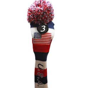 USA Majek Golf Driver 1 3 5 7 Fairway Woods Headcovers Pom Pom Knit Limited Edition Vintage Classic Traditional Flag Stars Red White Blue Stripes Retro Head Cover Fits 460cc Drivers and 260cc Woods