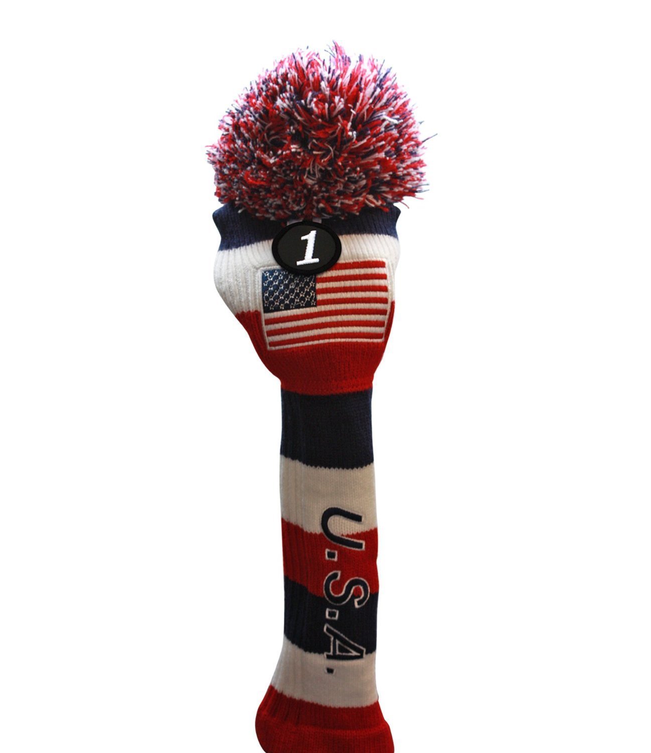 USA Majek Golf Driver 1 3 5 7 Fairway Woods Headcovers Pom Pom Knit Limited Edition Vintage Classic Traditional Flag Stars Red White Blue Stripes Retro Head Cover Fits 460cc Drivers and 260cc Woods