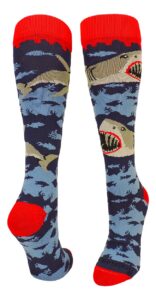 madsportsstuff great white sharks over the calf socks (navy/scarlet/grey, small)