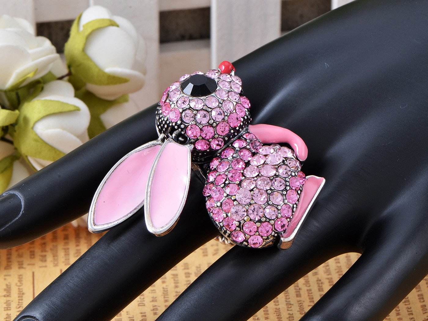 Alilang Handpainted Hot Neon Pink Enamel Bunny Rabbit Crystal Rhinestone Ring