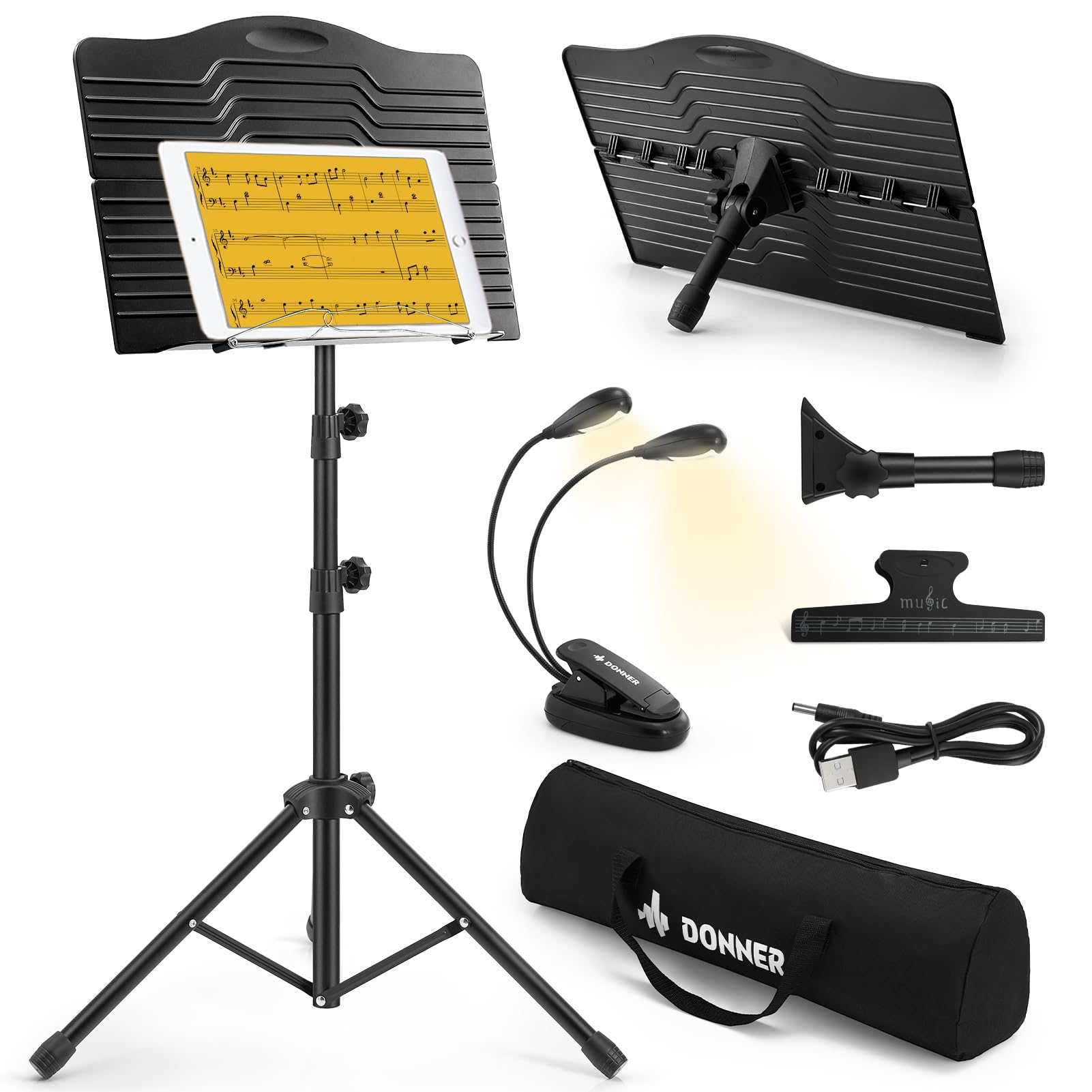 Donner Sheet Music Stand with Light, DMS-1 Portable Metal Music Stand, Tabletop Music Book Stand for Guitar, Ukulele, Violin Players