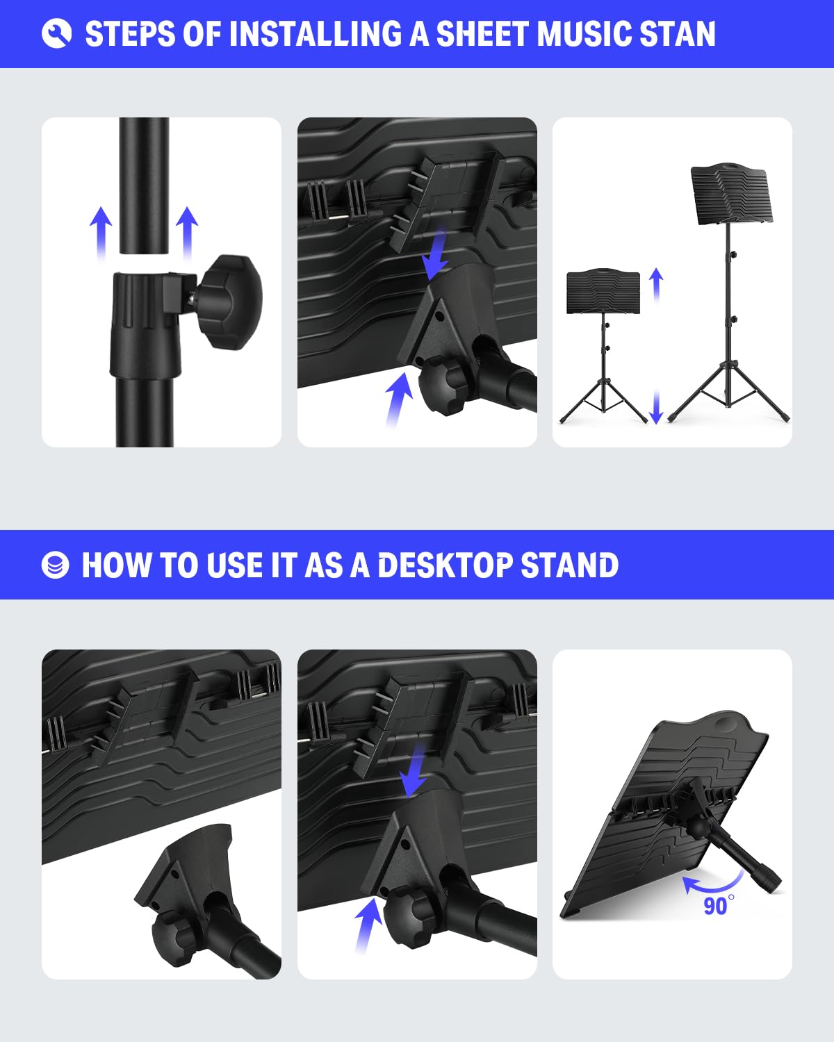 Donner Sheet Music Stand with Light, DMS-1 Portable Metal Music Stand, Tabletop Music Book Stand for Guitar, Ukulele, Violin Players