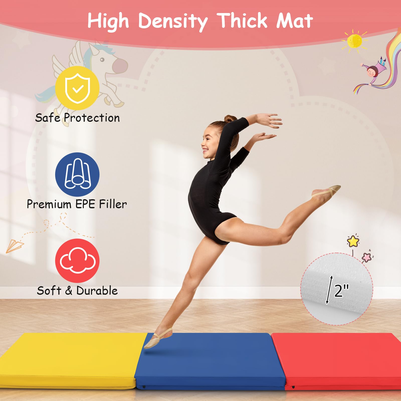 Giantex 6'x2' Tri-Fold Gymnastics Mat with Carry Handles Tumbling Exercise Gym Mat for Aerobics, Yoga, Stretching, MMA (Multicolor)