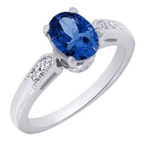 AFFY 1.05 cttw Simulated Blue Sapphire & White Natural Diamond Antique Style Engagement Wedding Ring in 14k White Gold with Ring Size -12