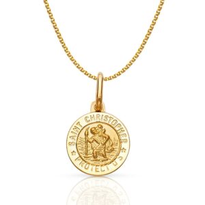 14k yellow gold st. christopher medal pendant necklace protect us charm with 1.2mm flat open wheat chain - 22"