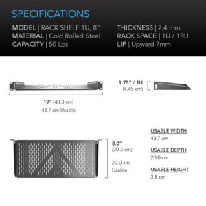 AC Infinity Vented Cantilever 1U Universal Rack Shelf, 8" Deep, for 19" Equipment Racks. Heavy-Duty 2.4mm Cold Rolled Steel, 50lbs Capacity.