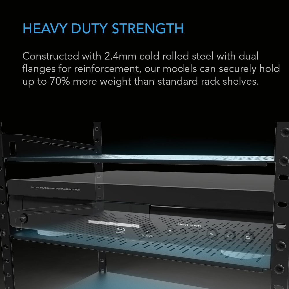 AC Infinity Vented Cantilever 1U Universal Rack Shelf, 8" Deep, for 19" Equipment Racks. Heavy-Duty 2.4mm Cold Rolled Steel, 50lbs Capacity.