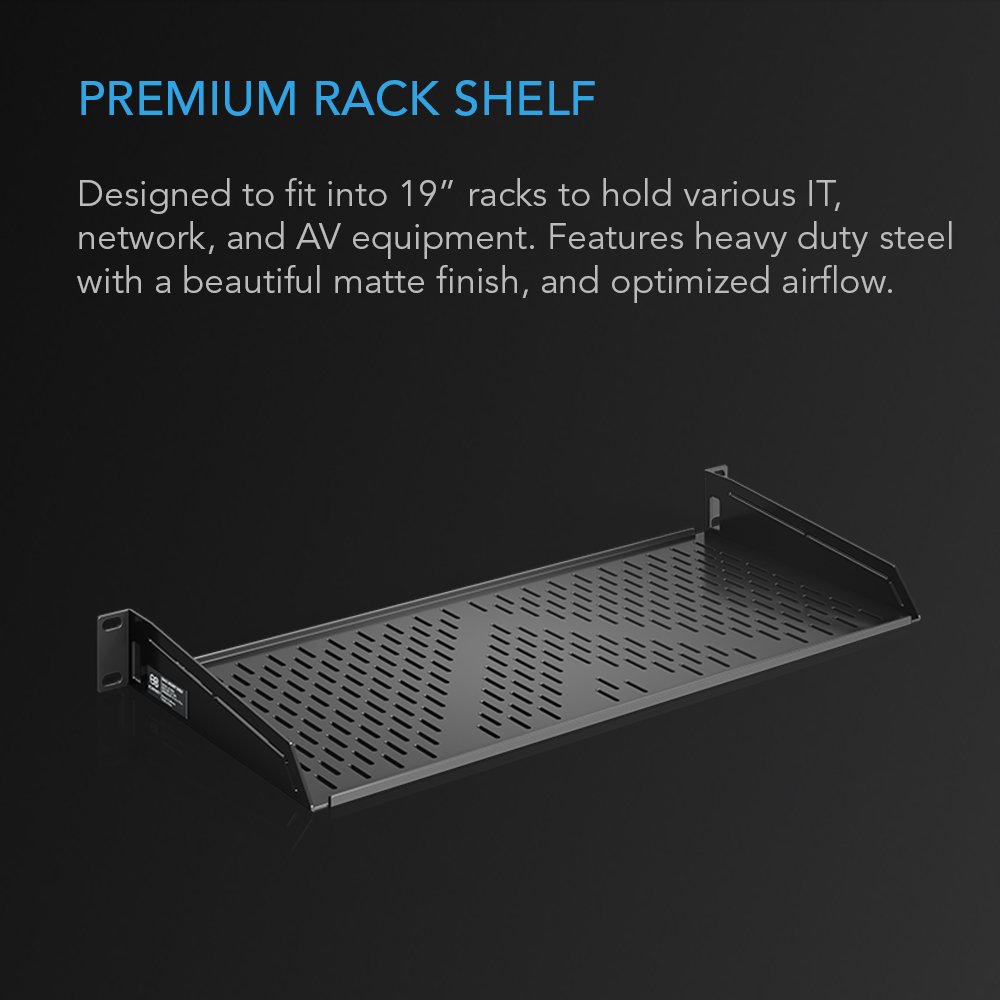 AC Infinity Vented Cantilever 1U Universal Rack Shelf, 8" Deep, for 19" Equipment Racks. Heavy-Duty 2.4mm Cold Rolled Steel, 50lbs Capacity.