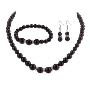 Femtindo Faux Pearl Necklace Earring and Bracelet Black Costume Jewelry Set for Women