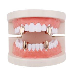 mainlead 4 PC 14k Gold Plated Vampire Dracula Single Metal Fangs Hip Hop Teeth Grills Set Rose Gold