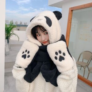 Women Girls Cute Panda Animal Winter Hats 3 in 1 Warm Soft Plush Hoodie Cap Gloves Mitten Scarf Set Cold Weather Earmuff Headbands Costume Holiday Christmas Gift for Adults Kids (Shy Face Panda)