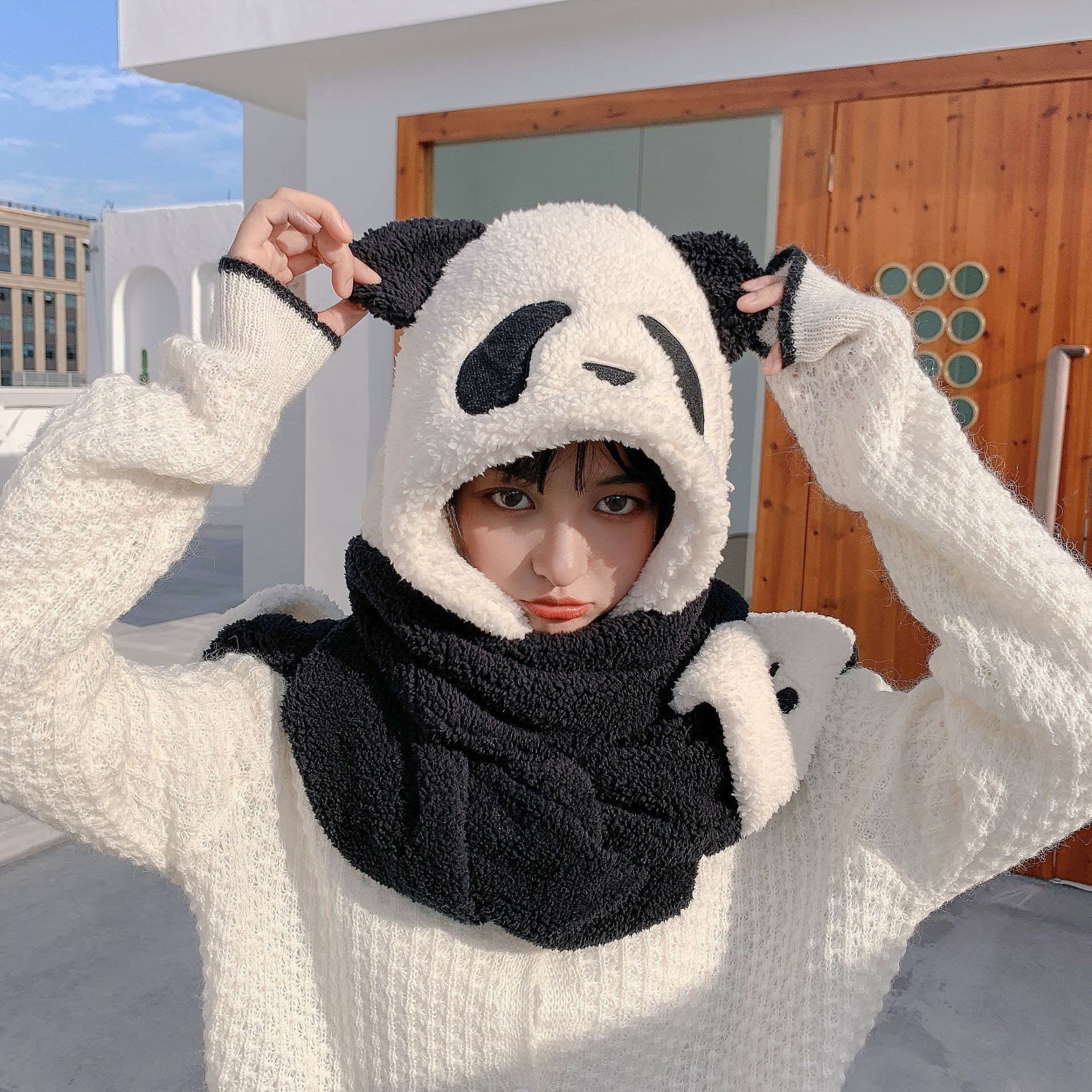 Women Girls Cute Panda Animal Winter Hats 3 in 1 Warm Soft Plush Hoodie Cap Gloves Mitten Scarf Set Cold Weather Earmuff Headbands Costume Holiday Christmas Gift for Adults Kids (Shy Face Panda)