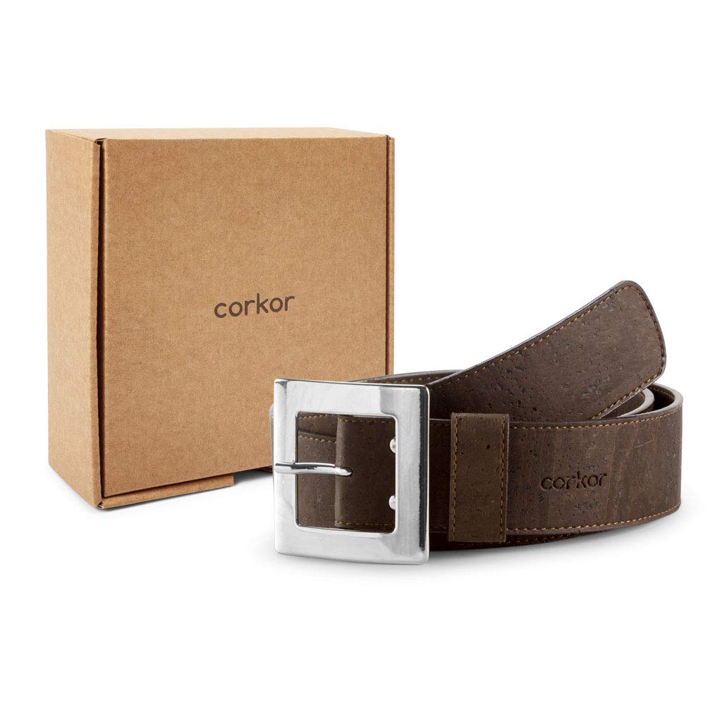 Corkor Vegan Belt for Women | Large for Jeans Dress Casual Buckle | Cork Leather Brown Color Small Size