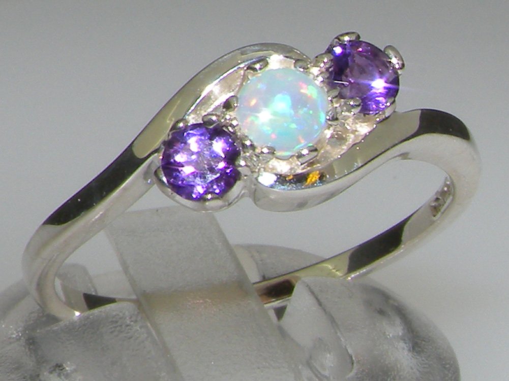 LetsBuyGold 925 Sterling Silver Real Genuine Opal & Amethyst Womens Band Ring - Size 7