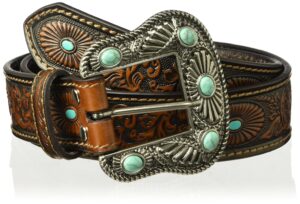 nocona belt co. women's scroll embossed painted turquoise oval belt, brown, extra large