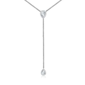 espere cz pear drop lariat necklace 16" with 2.75" y drop adjustable, white gold finish