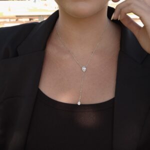 espere CZ Pear Drop Lariat Necklace 16" with 2.75" Y Drop Adjustable, White Gold Finish