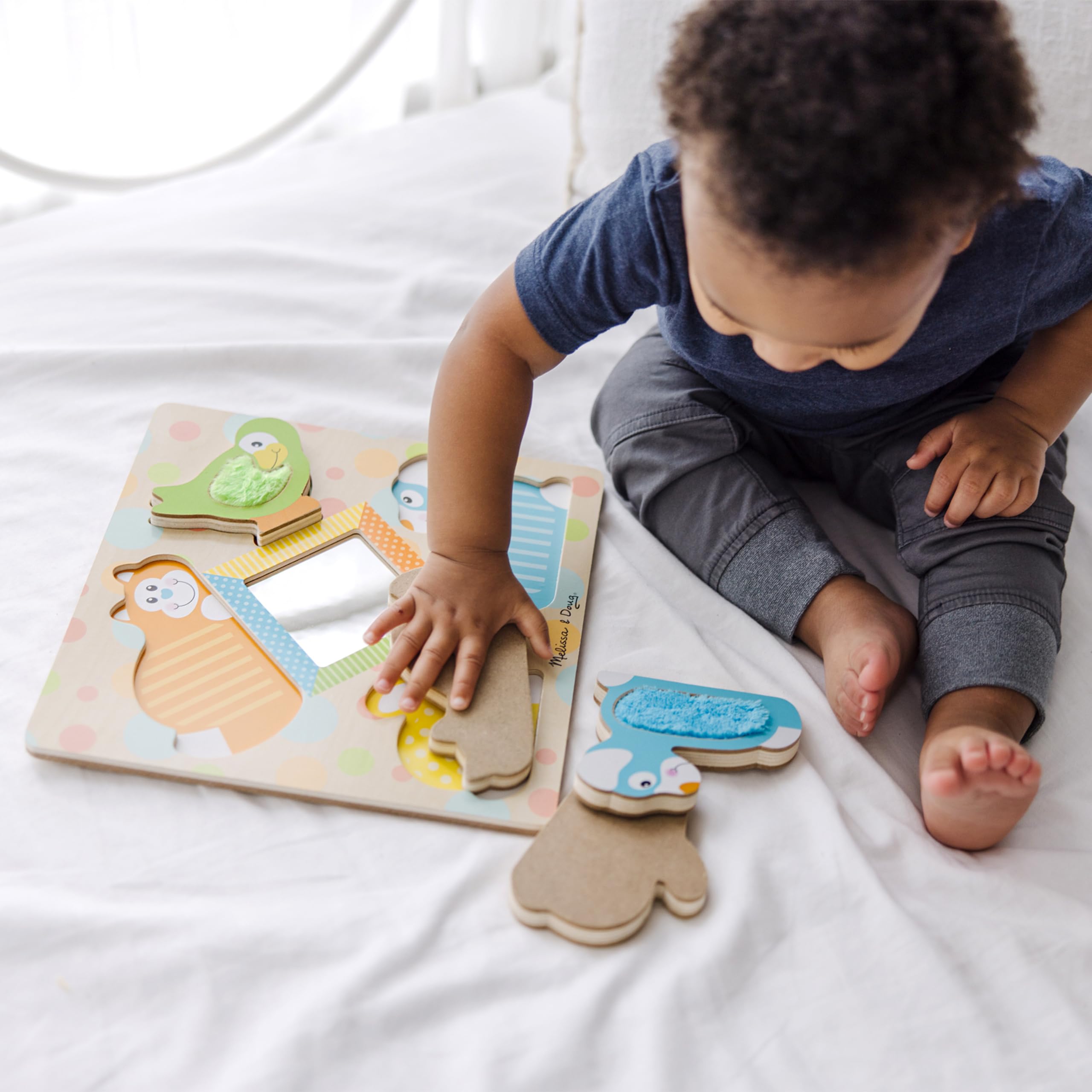 Melissa & Doug First Play Wooden Touch and Feel Puzzle Peek-a-Boo Pets With Mirror