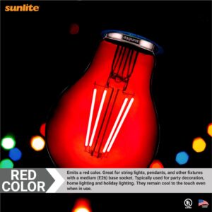 Sunlite LED Colored Filament A19 Light Bulb, 4.5 Watts, Medium E26 Base, 120 Volts, Transparent Red, Dimmable, 320 Degree Beam Angle, UL Listed, 2 Count