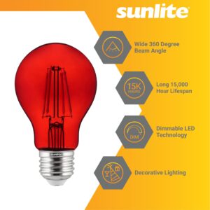 Sunlite LED Colored Filament A19 Light Bulb, 4.5 Watts, Medium E26 Base, 120 Volts, Transparent Red, Dimmable, 320 Degree Beam Angle, UL Listed, 2 Count