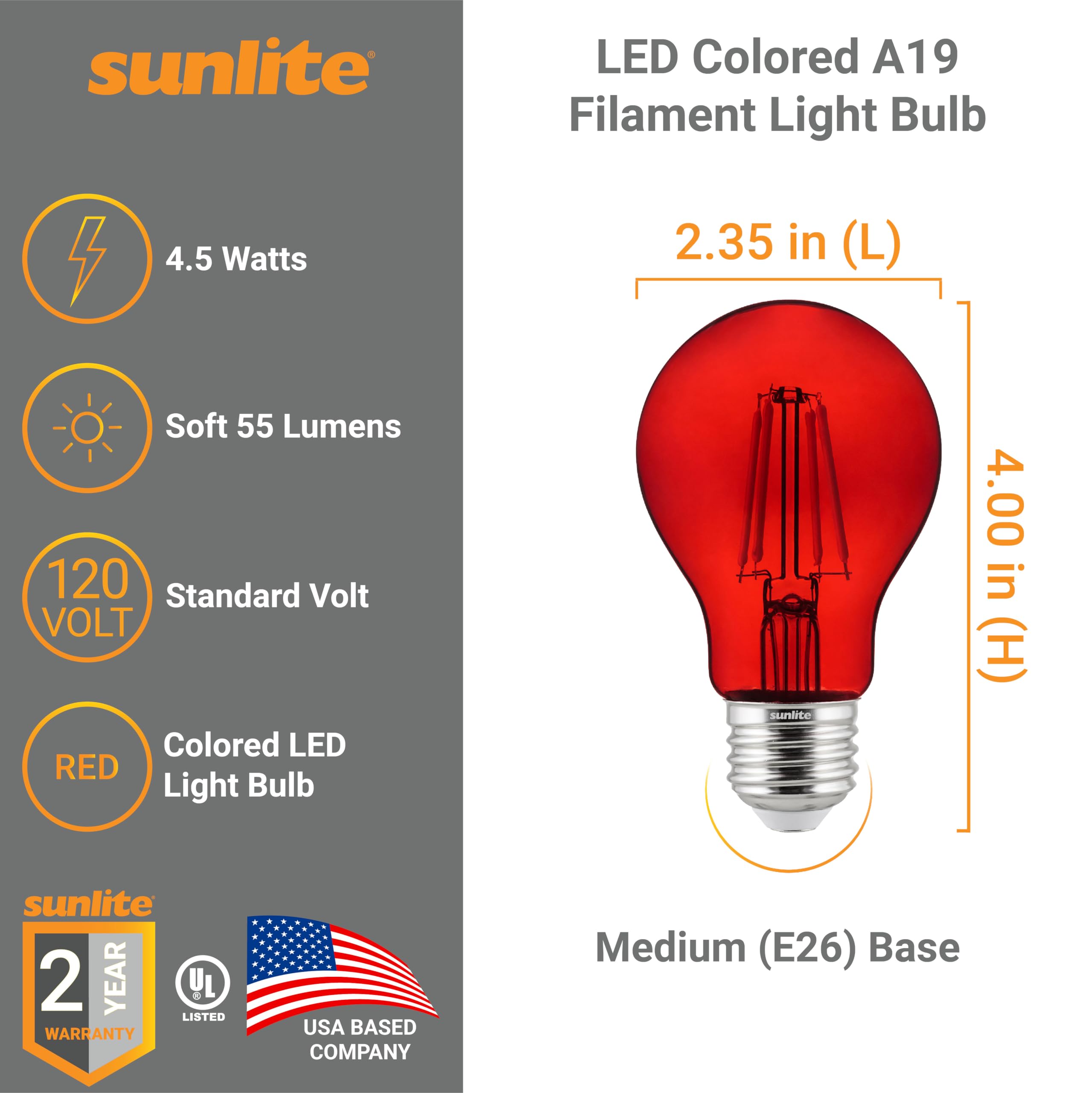 Sunlite LED Colored Filament A19 Light Bulb, 4.5 Watts, Medium E26 Base, 120 Volts, Transparent Red, Dimmable, 320 Degree Beam Angle, UL Listed, 2 Count