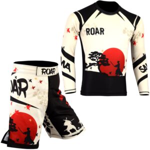 ROAR MMA Rash Guard & BJJ Grappling Shorts Cross Training Gear No Gi Gym Wear (Small, Samurai)