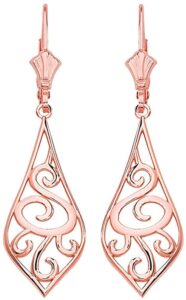 14k rose gold art nouveau swirl teardrop dangle leverback earrings - 1.42"