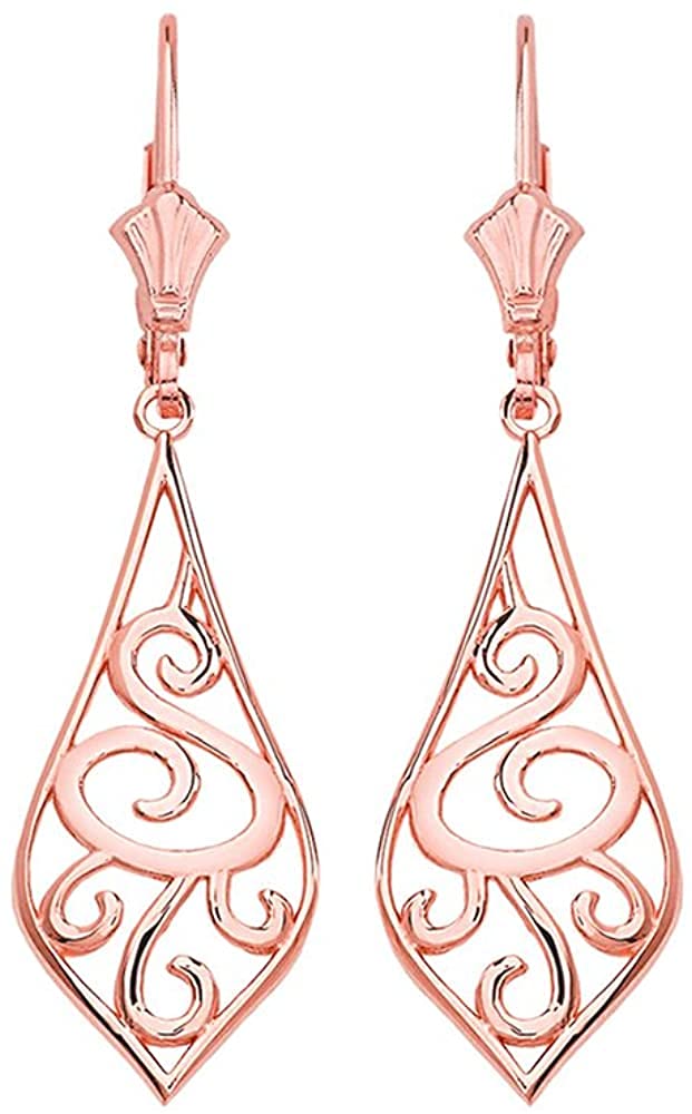 14K Rose Gold Art Nouveau Swirl Teardrop Dangle Leverback Earrings - 1.42"