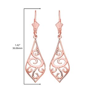 14K Rose Gold Art Nouveau Swirl Teardrop Dangle Leverback Earrings - 1.42"