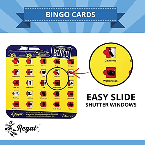 Regal Games Finger-Tip Shutter Bingo Cards with Sliding Windows - License Plate Bingo Game Set - Travel Bingo Game for Adults & Kids - Reusable, No Chips & Daubers Needed - 4 Packs - Yellow