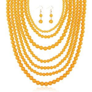 RIAH FASHION Multi Layer Beaded Bubble Statement Necklace - Round Ball Chunky Drape Bib Collar 7 Strands (7 Strand Long - Mustard Yellow)