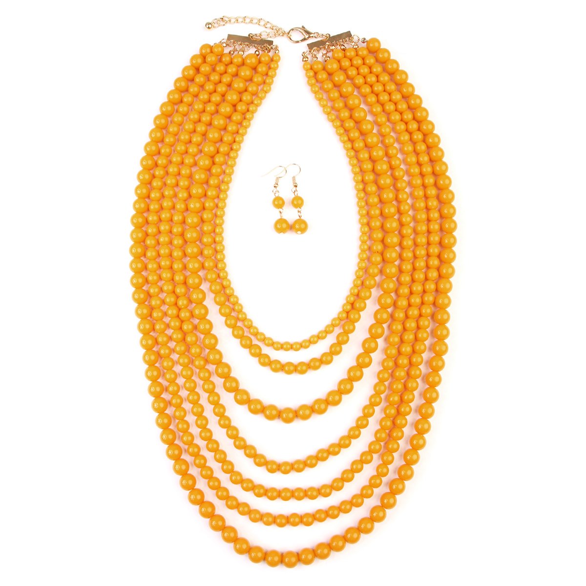 RIAH FASHION Multi Layer Beaded Bubble Statement Necklace - Round Ball Chunky Drape Bib Collar 7 Strands (7 Strand Long - Mustard Yellow)