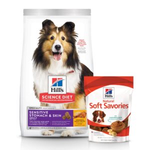 hill's science diet adult sensitive stomach & skin chicken meal & barley recipe dry dog food (4 pound bag) and soft savories with peanut butter & banana dog treats (8 ounce bag)