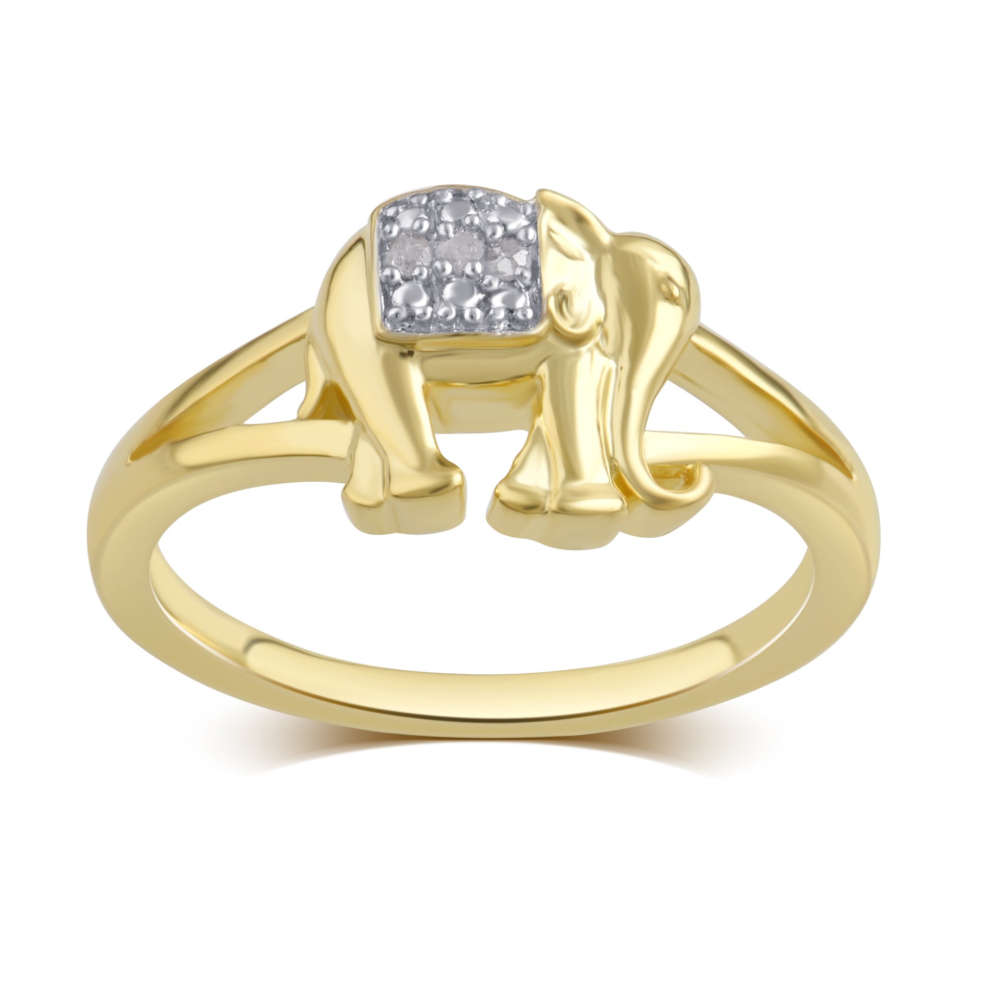 DiamondMuse Elephant Design Crafted Fashion Ring Yellow Gold Plated Prong Set Diamond Accent Jewelry for Women Girls Mom