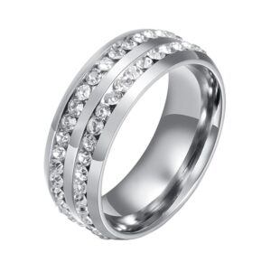 oakky stainless steel double rows cubic zirconia wedding ring for men women, silver, size 8