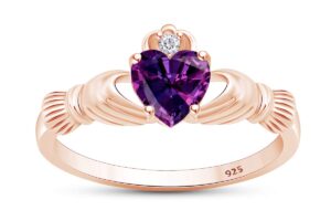 jewel zone us heart cut simulated amethyst & cubic zirconia claddagh ring in 14k rose gold over sterling silver jewelry gift for her ring size-12