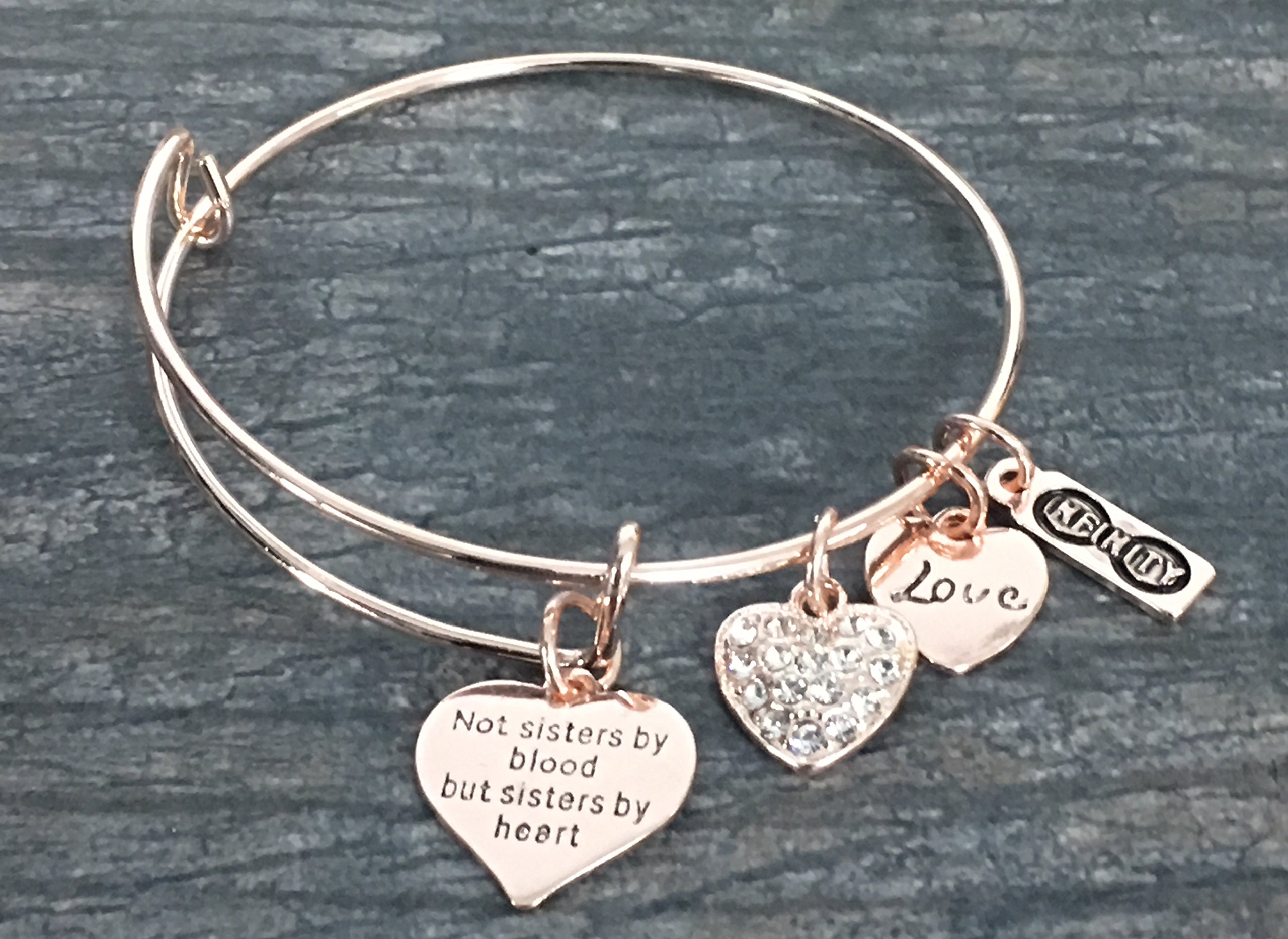 Infinity Collection - Best Friends Bangle Bracelets for Women, Engraved (Not Sisters By Blood But Sisters By Heart) Rose Gold Friend Jewelry, Infinity Adjustable Bracelets. Gift for Friends