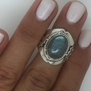 Koral Jewelry Labradorite Oval Stone Gipsy Vintage Om Ring 925 Sterling Silver US Size 7 8 9 10 (8)